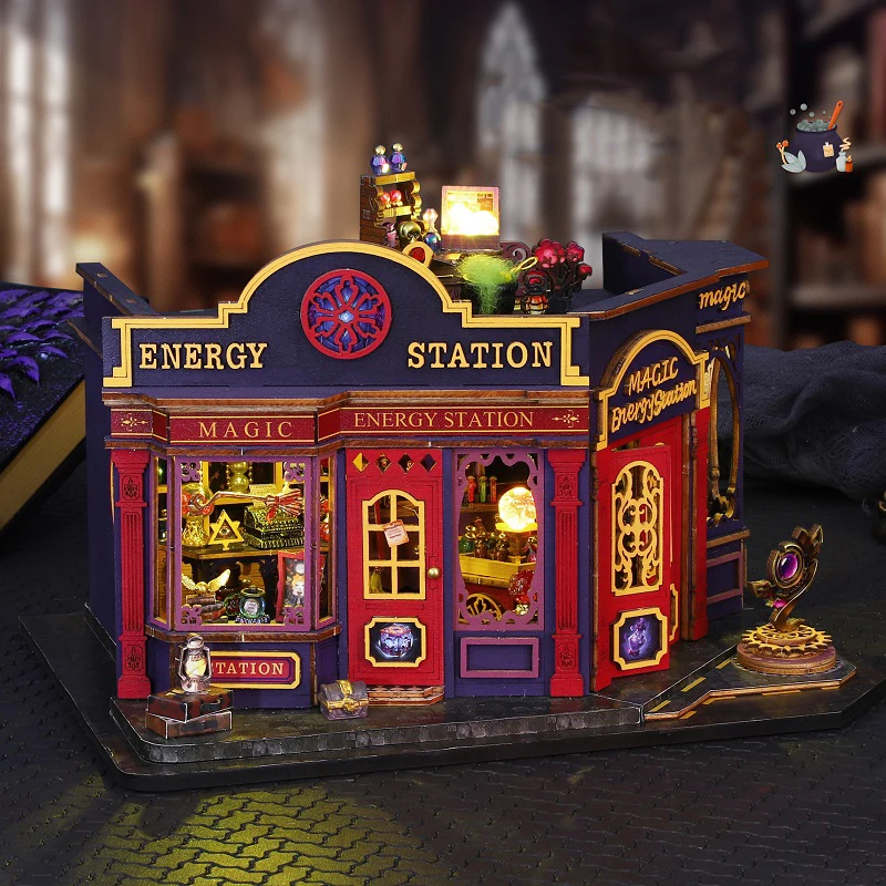 NIEUWE DIY Houten Miniatuur Model Kit Magische Energiestation Casa Poppenhuizen 3D Puzzel Poppenhuis Met Meubels voor Vrienden Geschenken