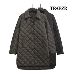 TRAF ZR Women's Loose Padded Overcoat Front Snap Buttons Relaxation Long Outerwears Side Vents Women's Plaid Lapeled Coat