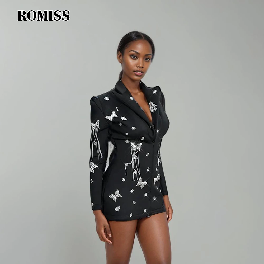 ROMISS Sexy Patchwork Sequins Dress For Women Notched Collar Long Sleeve High Waist Spliced Diamonds Chic Dresses Female