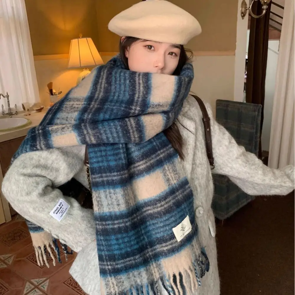 Vintage Warm Winter Cashmere Scarf Mohair Soft Long Tassel Scarves Thickened Plaid Thickened Shawl Wrap Women