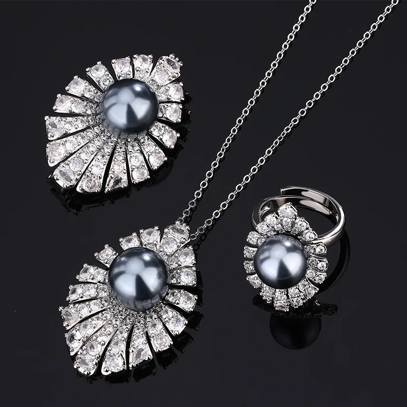 

12mm 14mm Round White Grey Shell Pearl Pendant Necklace Adjustable Ring Brooch Micro Pave Zircon Jewelry Set