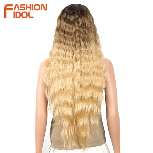 Imagen 2 del producto FASHION IDOL, peluca de encaje ondulado con agua de 30 pulgadas, pelucas de pelo ondulado marrón Rubio degradado sintético para mujer, peluca de Cosplay de fibra de alta temperatura