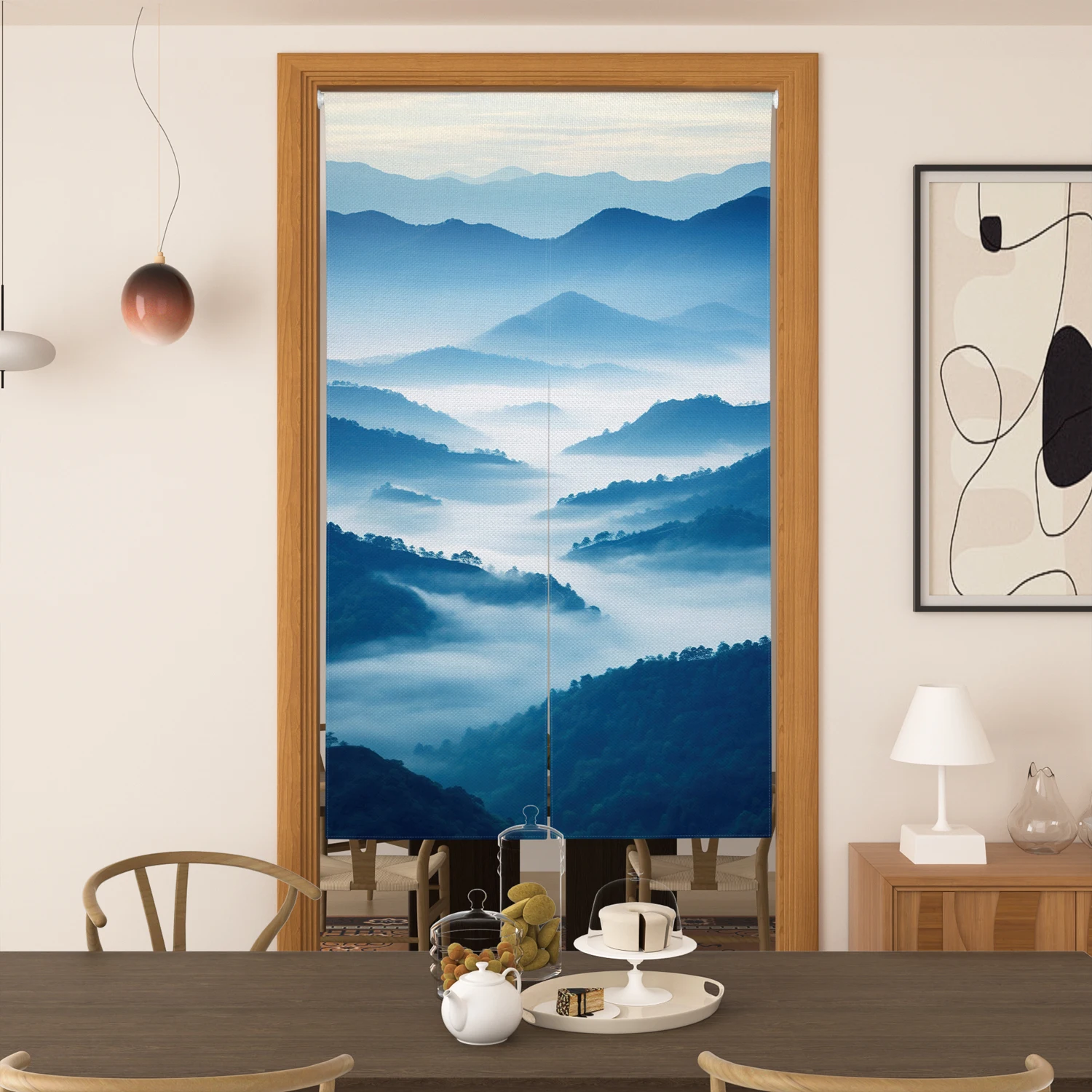 Japanese Style Noren Door Curtain Mountain Cloud Mist Gradient Blue Grey Orange for Zen Home Decor Tea Room Kitchen Half Curtain