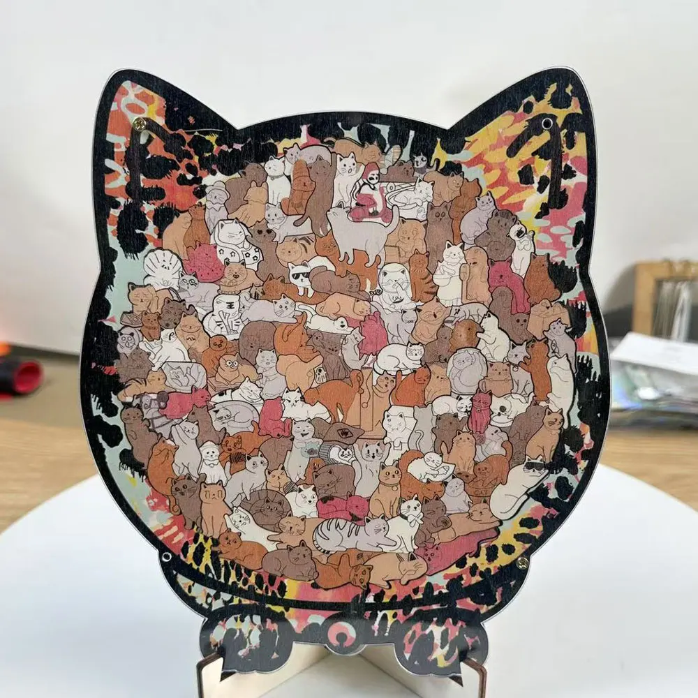 لغز القط الخشبي الملون، لغز الصور المقطوعة على شكل حيوان فريد لديكور المنزل، زخرفة تعليمية ممتعة للأطفال والكبار