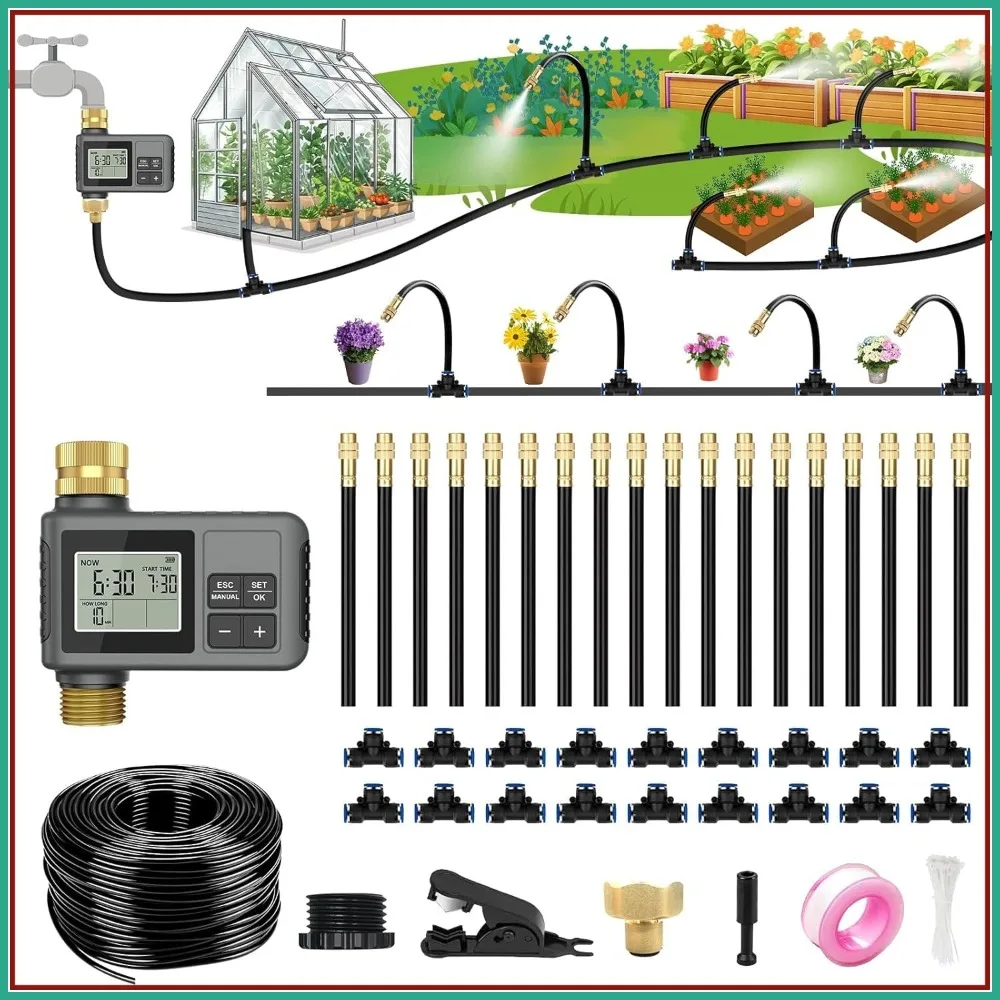 

60Ft Drip Irrigation System with Smart Timer, Brass Connectors & Adjustable Nozzles for Garden