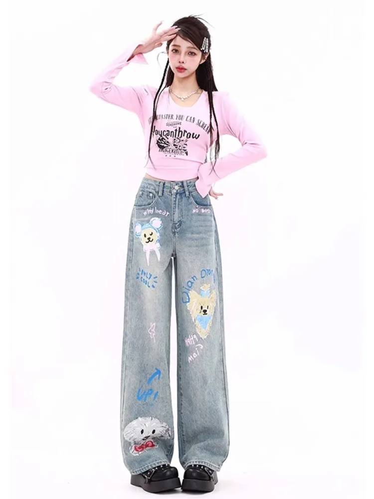 Y2k vintage americano dopamina graffiti denim calças femininas 2025 outono inverno cintura alta solta perna larga reta streetwear jeans