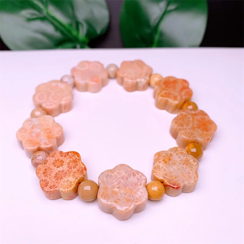 

Natural Coral Jade Small Flower Bracelet Women Fashion Jewelry Reiki Healing Energy Crystal Elastic Bangles Yoga Gift