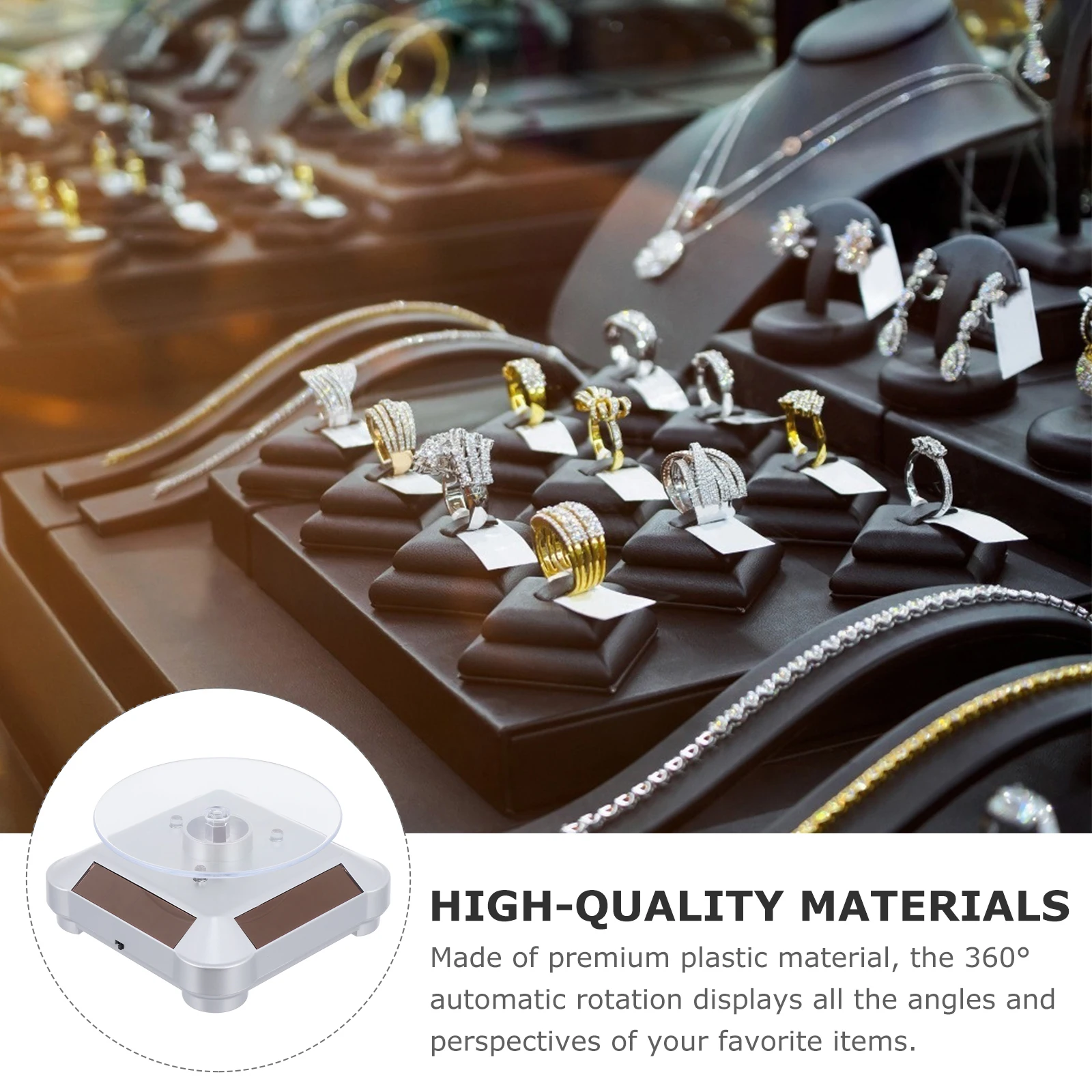 

Plastic 360 Degree Rotating Display St for Jewelry Watches Mobile Cameras Automatic LED Solar Powered Retail Home Use