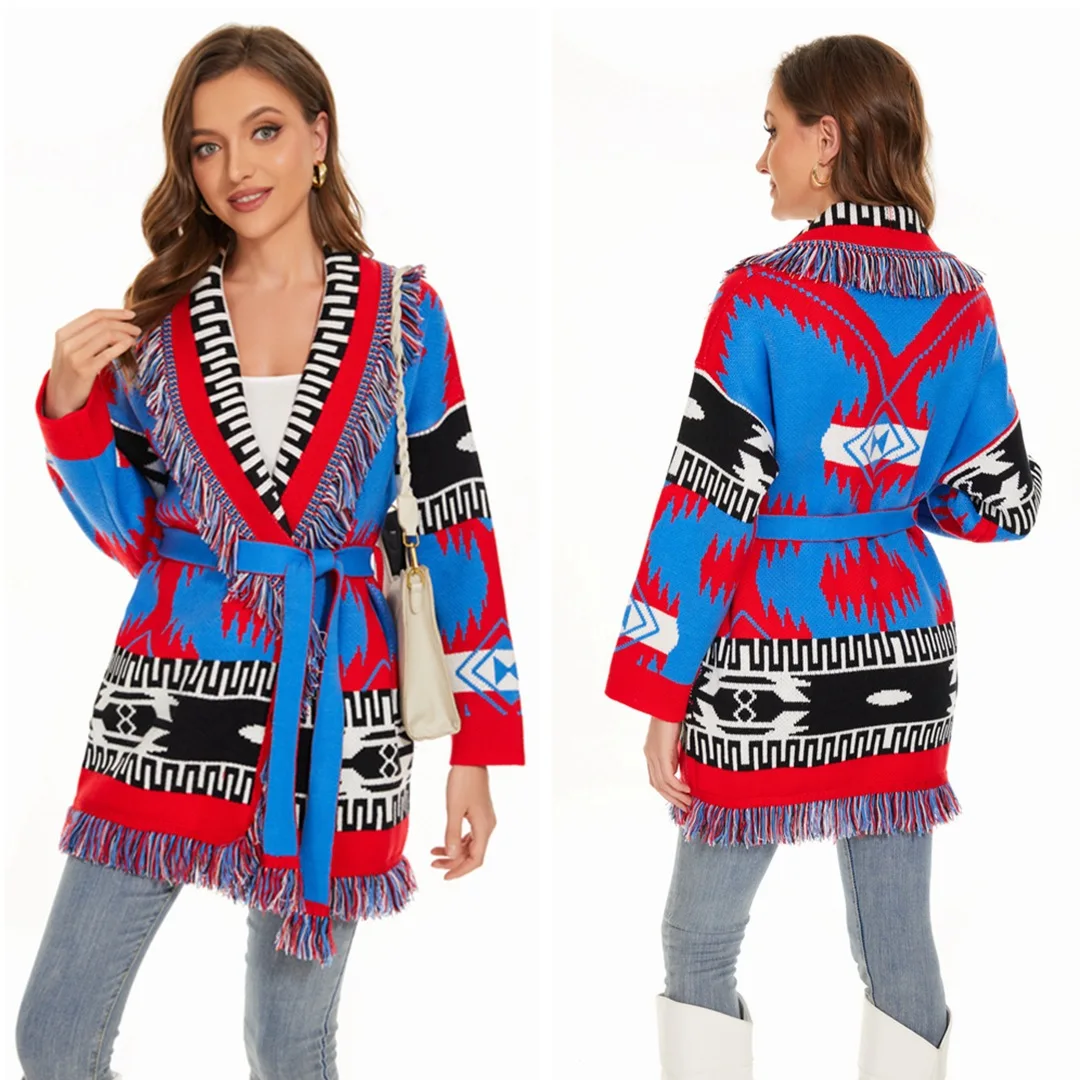 

Women's Knitted Woolen Coat Thiened Collar Tassel Autumn Winter Outerwear Ethnic Sle Color Blo Floral Patterned Open Ca...