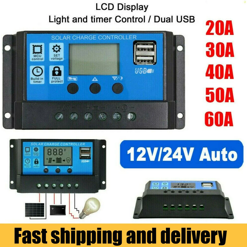 Small 50A 60A PWM Solar Charge Controller 12V 24V Auto LCD Dualusb 5V Output Solar Panel Regulator Battery Charger Controller