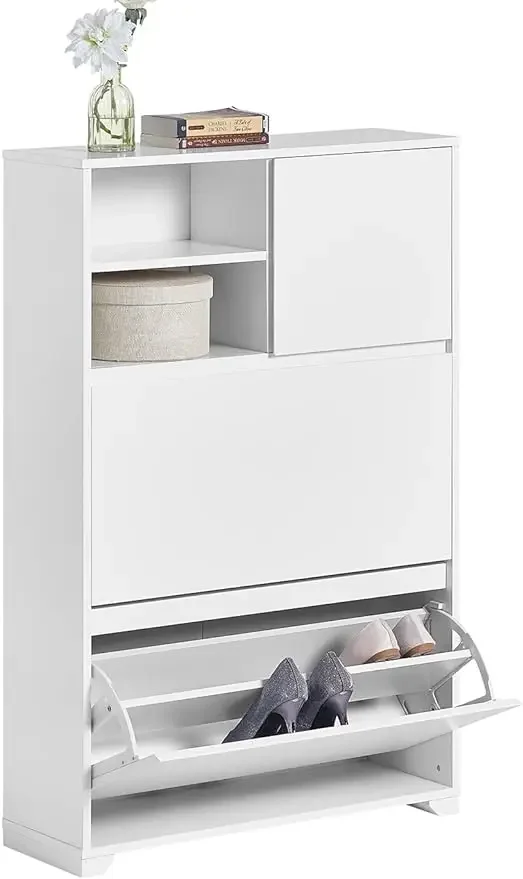 

FSR111-W White Shoe Cabinet with 2 Flip-Drawers 1 Cabinet and 2 Shelves Shoe Rack Shoe Storage Cupboard 28"x9.5"x43.7"