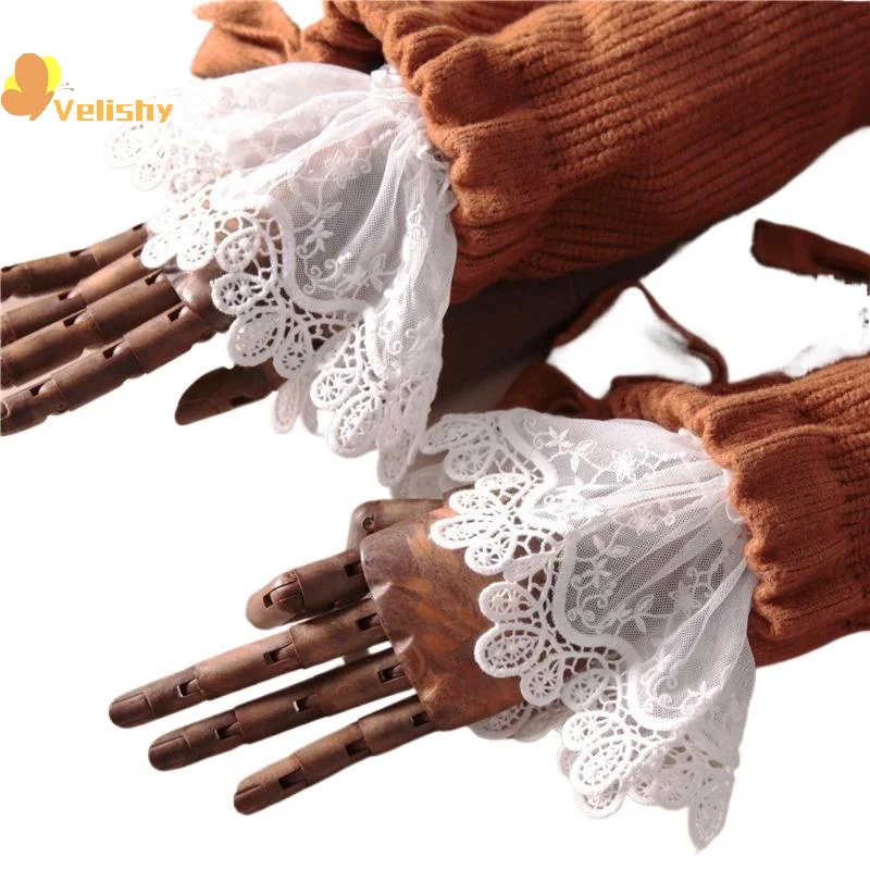 Female Girls Sweater Decorated Fake Sleeves Hollow Out Crochet Floral Lace Horn Cuffs Embroidery Flounces Elastic