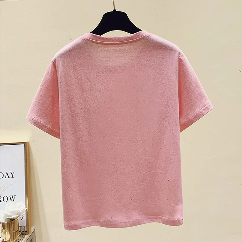 Summer 2022 New sequins Letter Crystals Pure Cotton Loose Short Sleeve round Neck Bottoming T-shirt for Women S-4XL