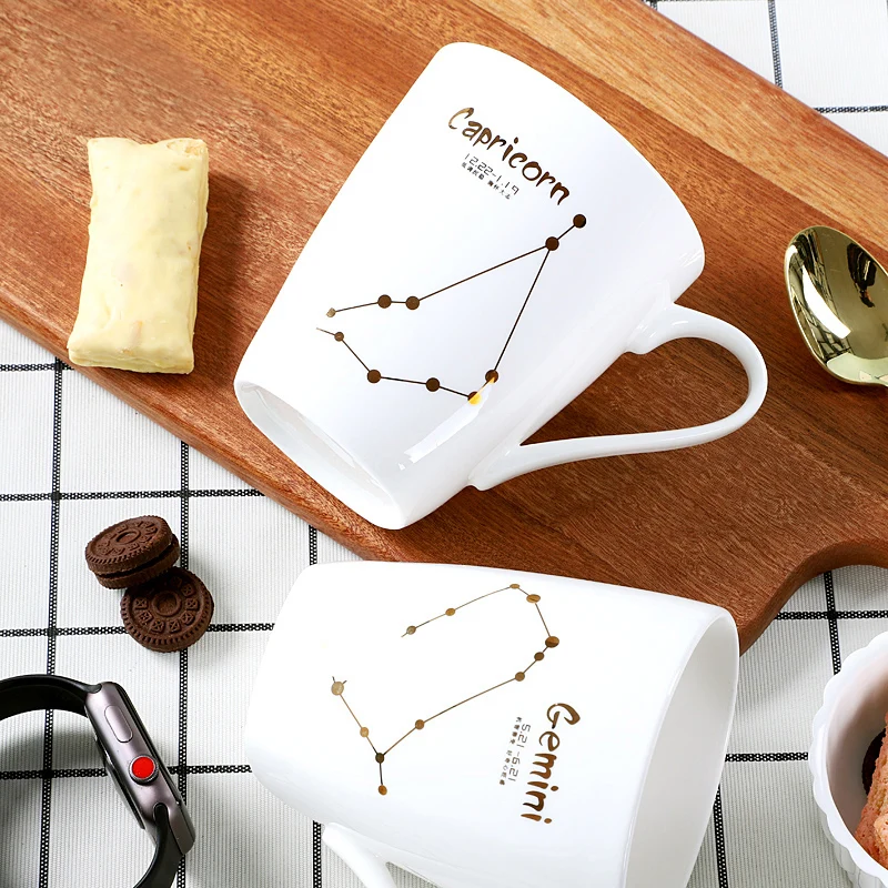 400ML, bone china constellation mug cup, ceramic star sign coffee mug with spoon lid, zodiac nespresso cup, tazas porcelain mug