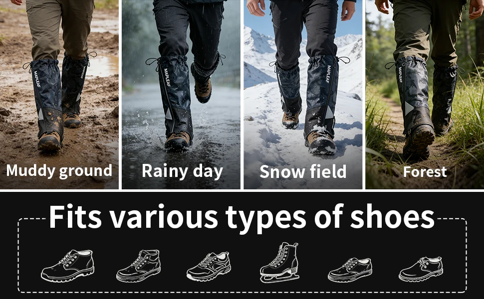 MAPLEAF Schneeschutzmanschetten Wasserdicht Leichtgewichtig 600D Oxford TPU-Band Stahlhaken Reflektierend für Alpen- und Bergwanderungen im Winter Outdoor – Detail 6