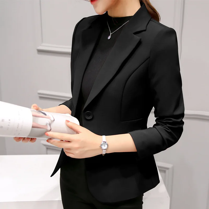 Blazers minces formels pour femmes avec poches imbibées, blazers courts décontractés pour femmes, manteau de travail de bureau pour dames, noir, Corée