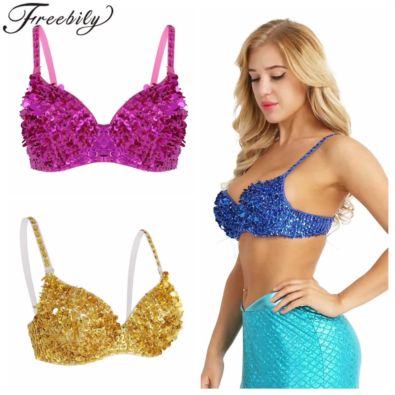 

Women Belly Dance Costumes Sparkle Bras Sequins Beading Padded Bra Top Performance Music Festival Party Club Wear Raves Outfits
