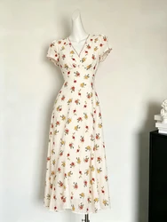 Vintage Floral Dress Women Elegant Lace Chiffon Korean Party Dress Puff Sleeve V Neck Midi Dress Fall Dresses for Women 2024
