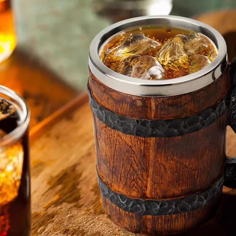 

600ml Viking Wood style Beer Christmas Gift Simulation Wooden Barrel Cup Double Wall Drinking Mug Metal Insulate Cocktail Tool