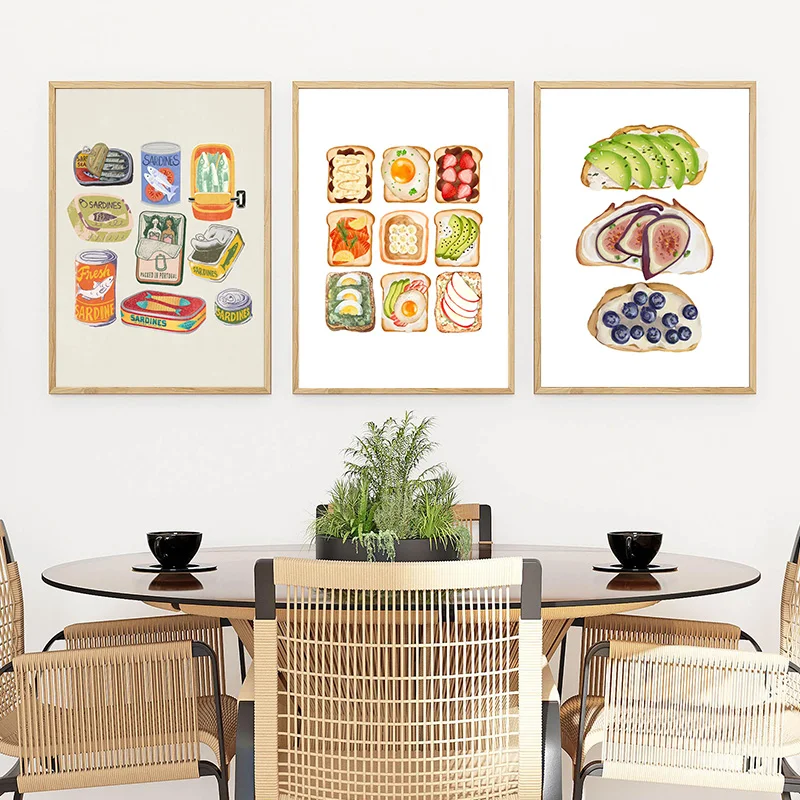 1pc frameless Canvas Painting Kitchen Food Toast Sardines Posters and Prints Canvas Printing Cute Dining Room Wall Art Picture f