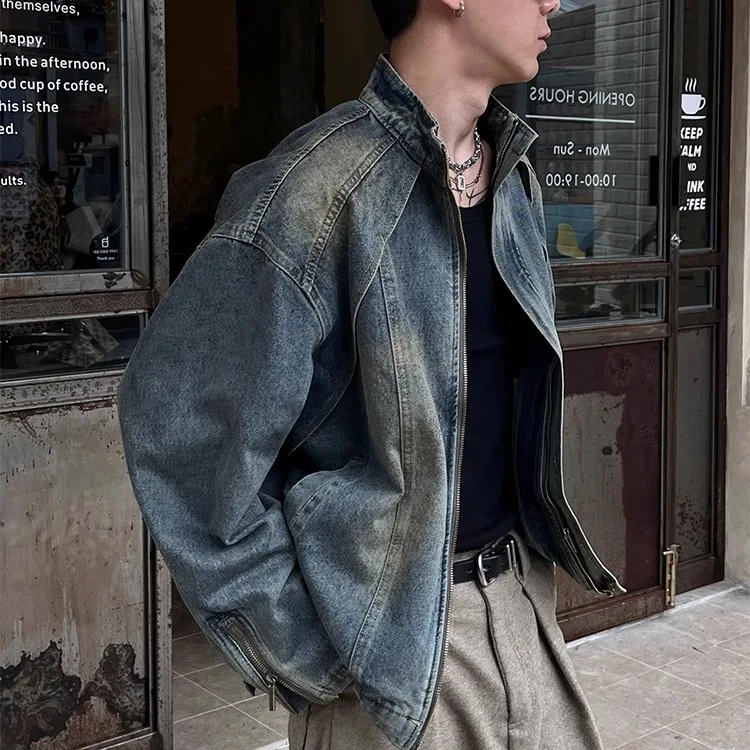 Heavyweight Deconstructed Denim For Men, High-End Feel, Cool And Trendy American Retro Stand Collar Zipper Jacket Coat
