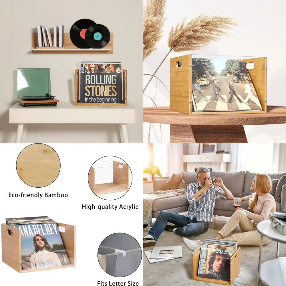 

3-х предметный бамбуковый и акриловый ящик для хранения LP с ручкой для организации виниловых пластинок
