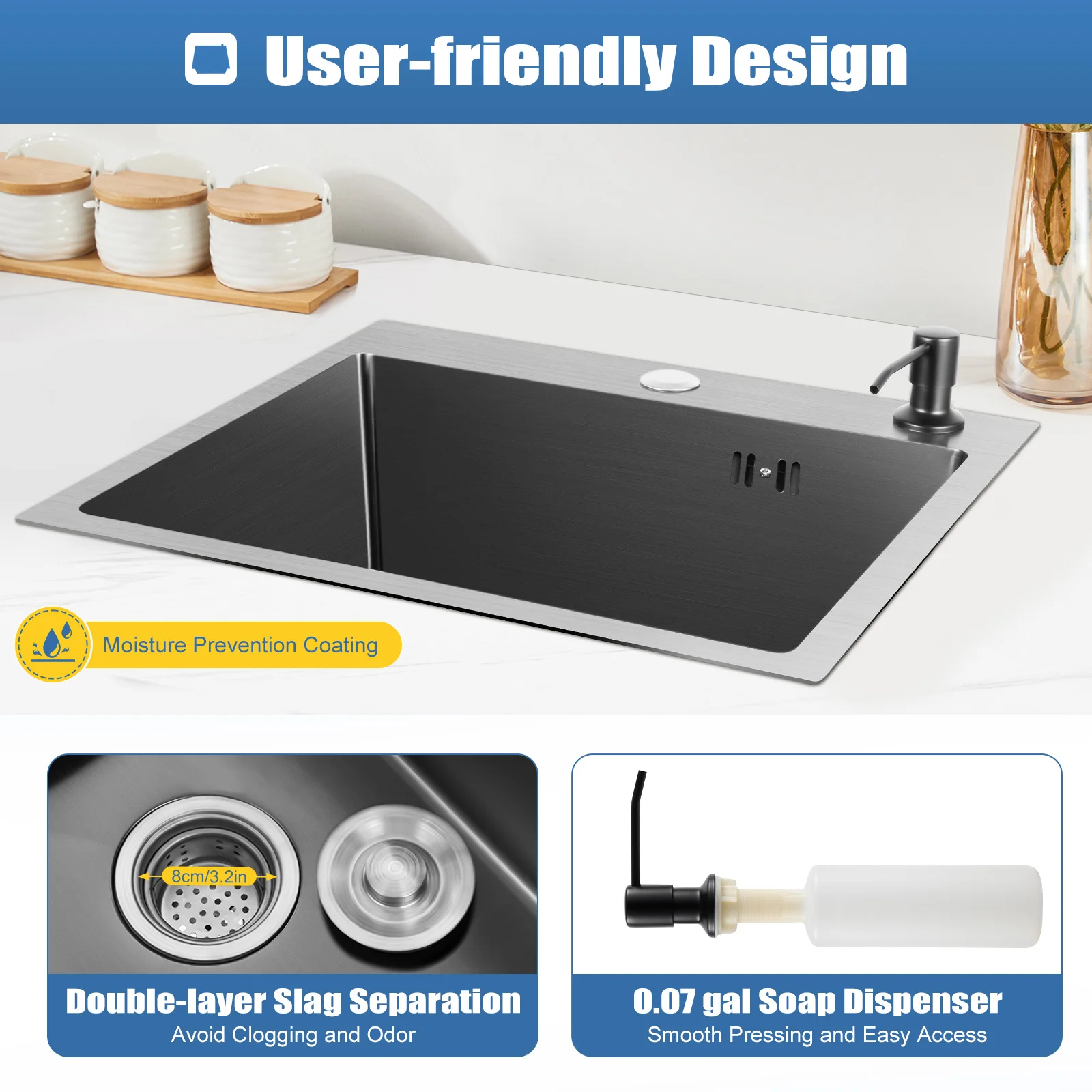 45*40*19cm Black kitchen Sink with Drainer