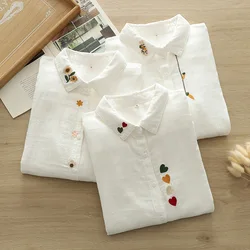 Cotton yarn base shirts woman tops 2024 Japan style elegant plus size white blouses long sleeve heart-shaped embroidered shirts