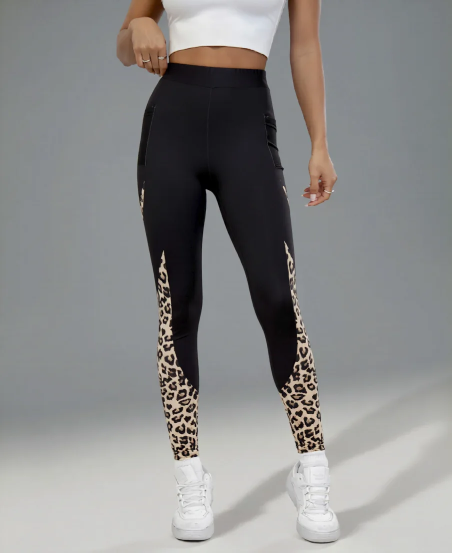 Women Leopard Patchwork Pocket Leggings High Waist Stretch Skinny Pants Workout Gym Casual Sports Trousers
