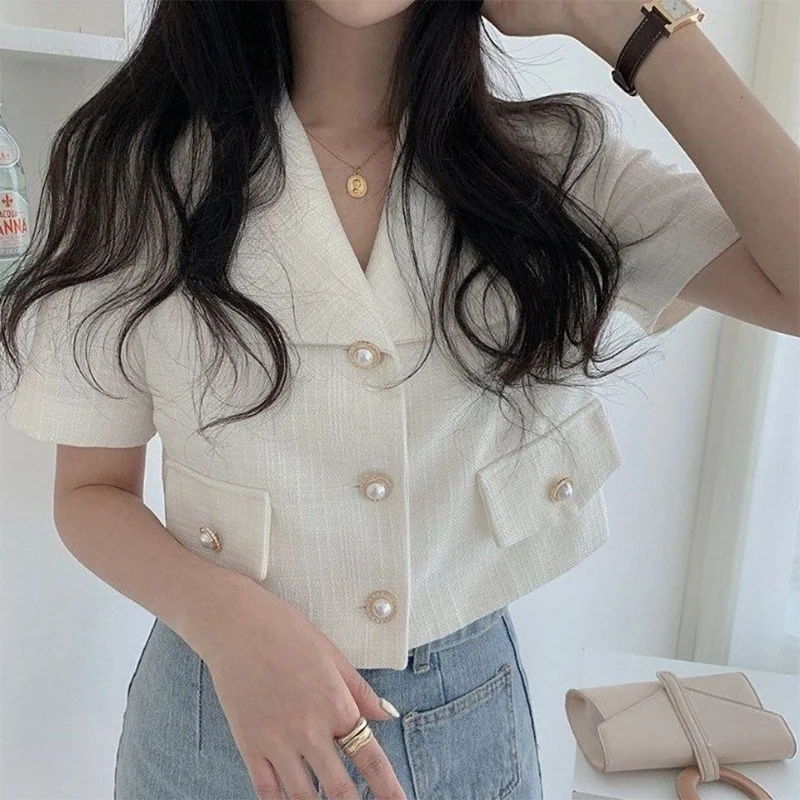 Spring Autumn Polo-neck Elegant Buttons Coat Female Short Sleeve Simple Buttons Blazers Women\'s Casual Fashion All-match Jacket