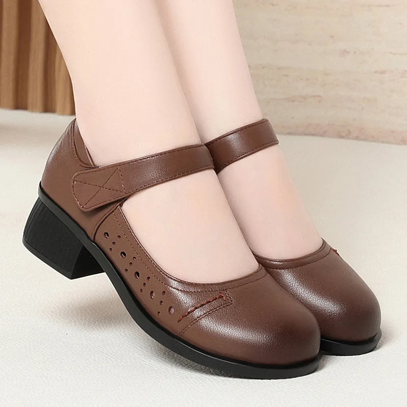 

New Summer Genuine Leather Sandals Cowhide Women's Medium Heel Single Shoes Soft Bottom Anti-slip Comfortable Hollow out Mom ...