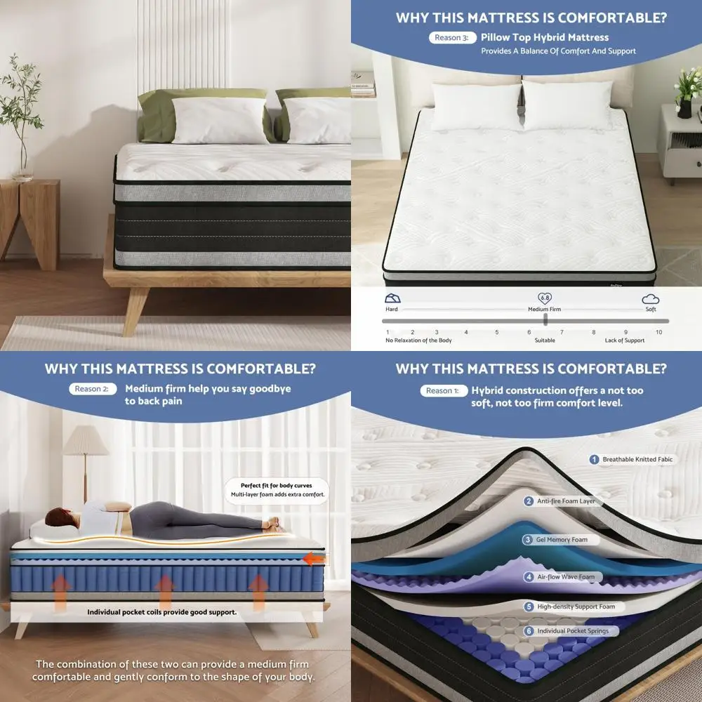 

Hybrid Pillow Top Queen Mattress, 12 Inches with Gel Memory Foam and Pocketed Coils, Medium Firmness