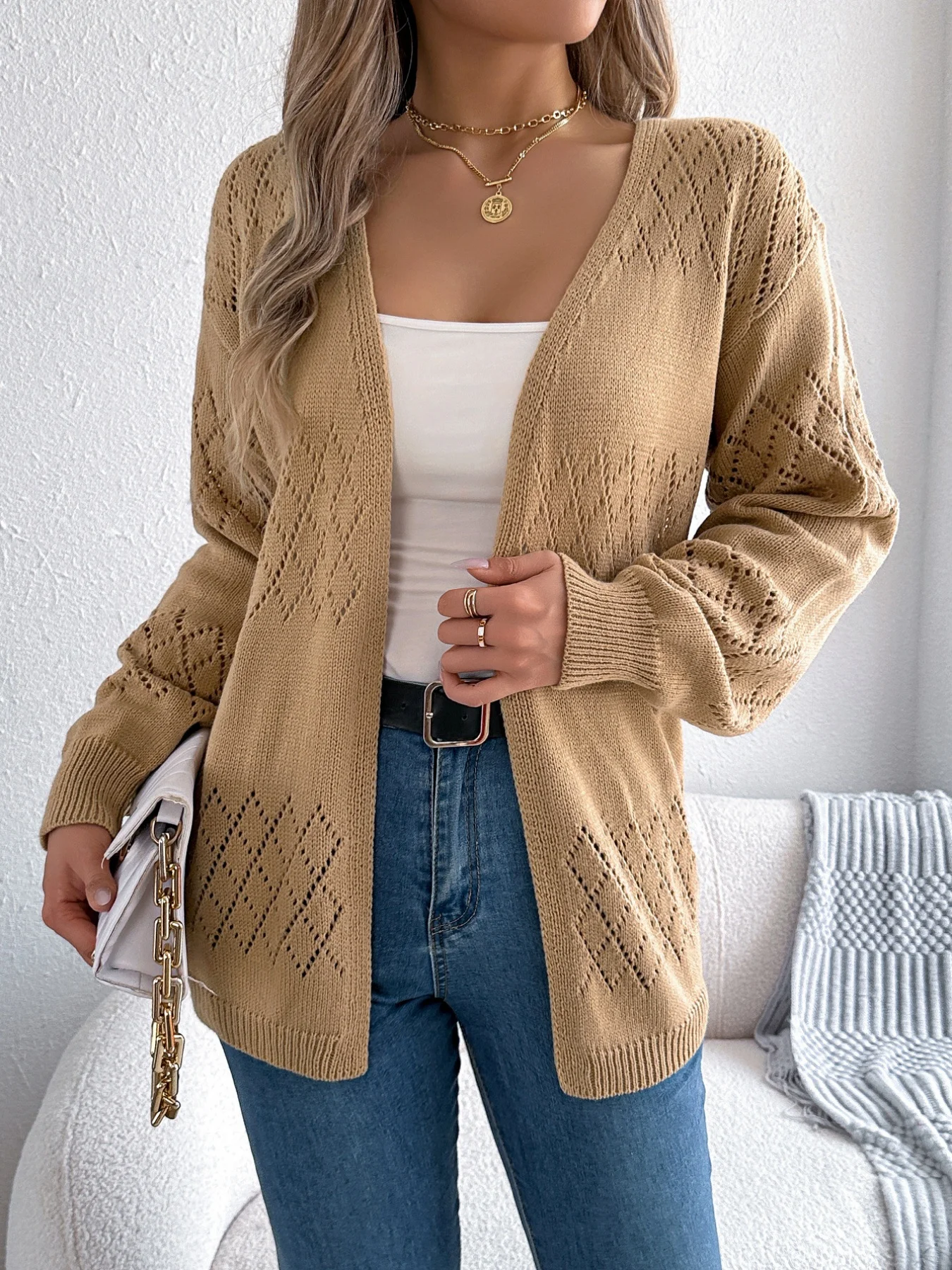 Casual Solid Color Hollow Out Long Sleeve Knit Cardigan Spring Vacation