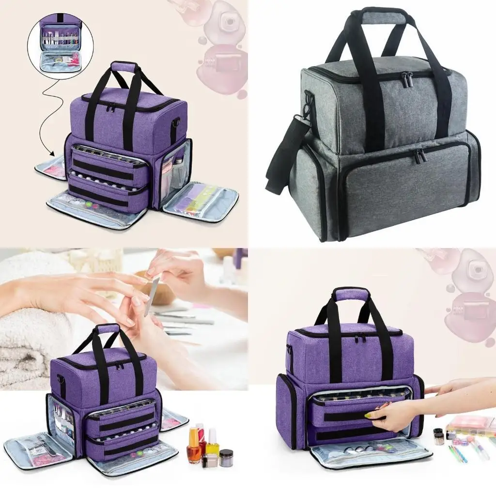 

D46D Nails Polish Organizers Bag with Double Compartments for Bottles Nails Dryer Space and Manicure Accessories Carry Case