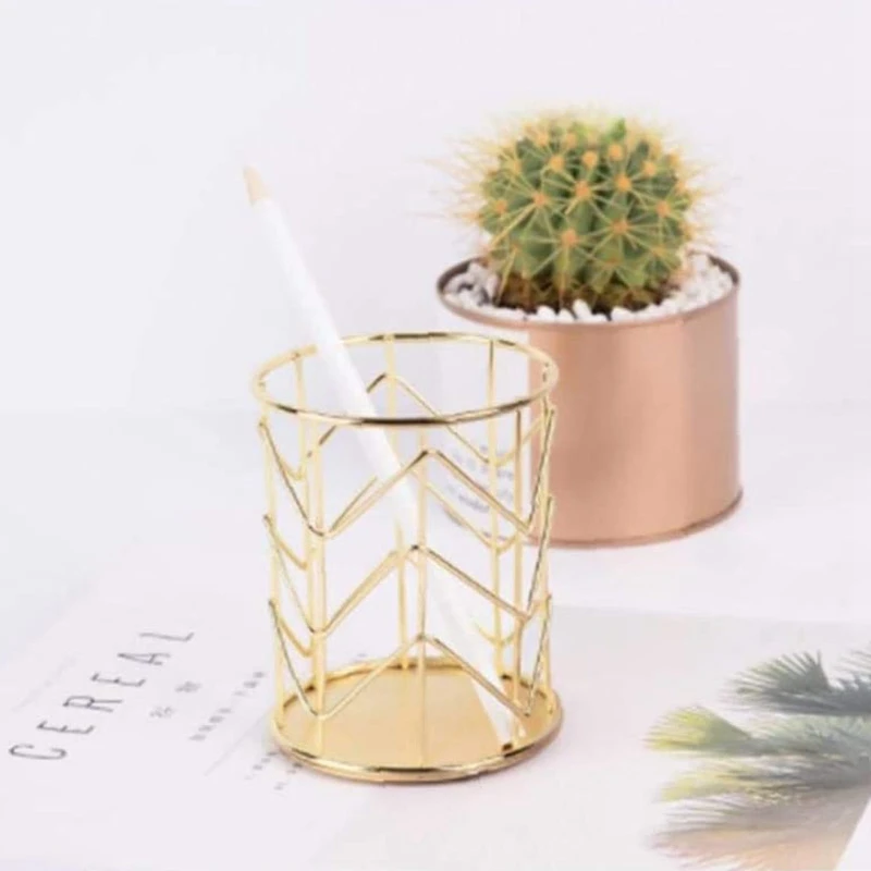 Golden Hollow Multifuncional Metal Pen Holder, Maquiagem Brush Holder, Home Office Desk Decoração