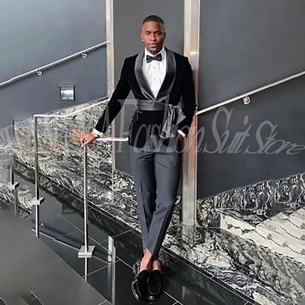 

Мужские костюмы из двух предметов, черная бархатная куртка, серые брюки, деловая повседневная мужская одежда, комплекты офисных модных блейзеров для работы и поездок на работу