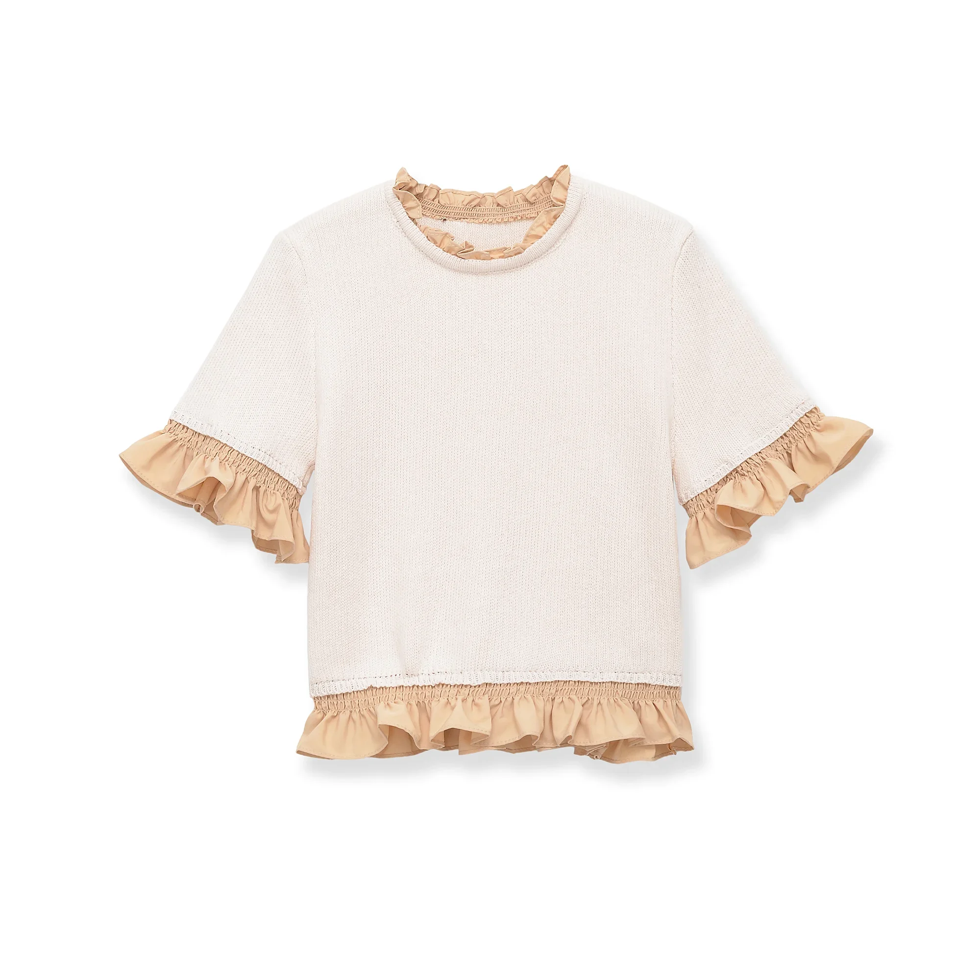 Fashionable Women's Knitted Top round Neck Short Sleeve Lace Splicing Polyester Fiber Spring Summer Casual Wear