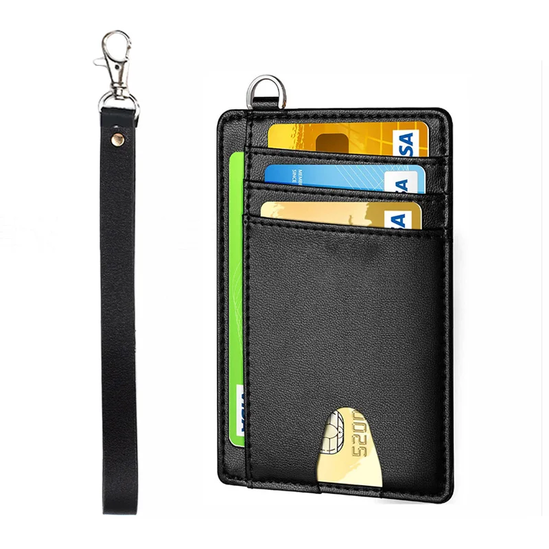 

Slim Rfid PU Leather Credit Card Holder with Keychain Wristlet Card Case Men and Womens Wallets with Key Ring