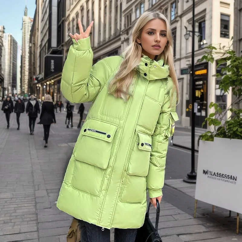 

Women's Winter Quilted Jacket Solid Color Big Pockets Zipper Fly Hooded Female's Padded Coat Long Over-the-knee Coat For Female