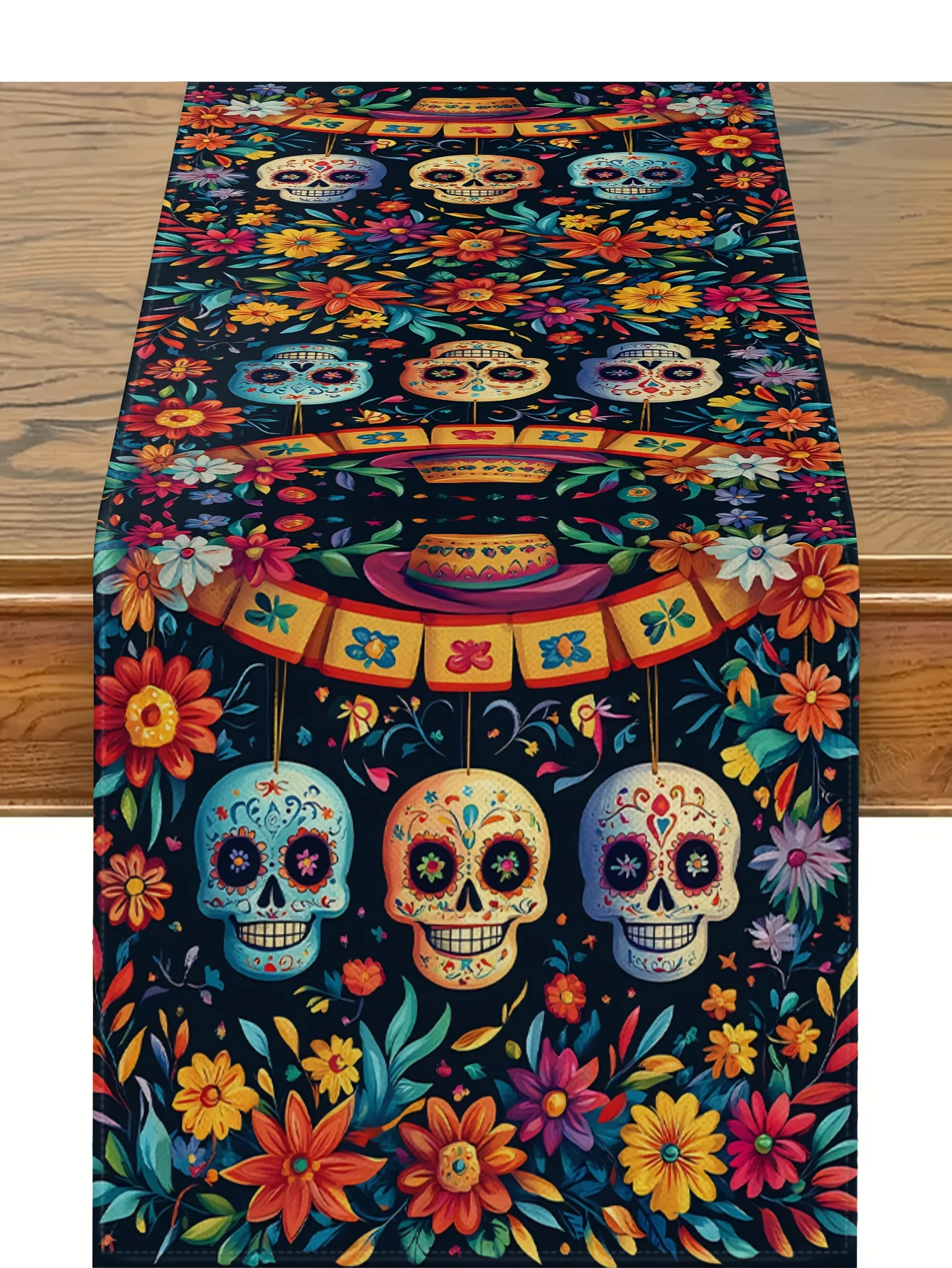 Mexican Skull Floral Linen Table Runner for Table Decor Mexico Day of The Dead Dia De Los Muertos Table Runners Home Decor