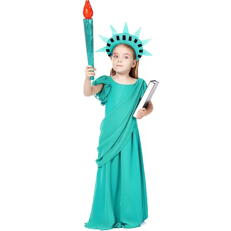 Girls U.S. Statue Of Liberty Cosplay Kids Children Halloween Ancient Greek Goddess Costumes Carnival Purim Role Play Party Dress