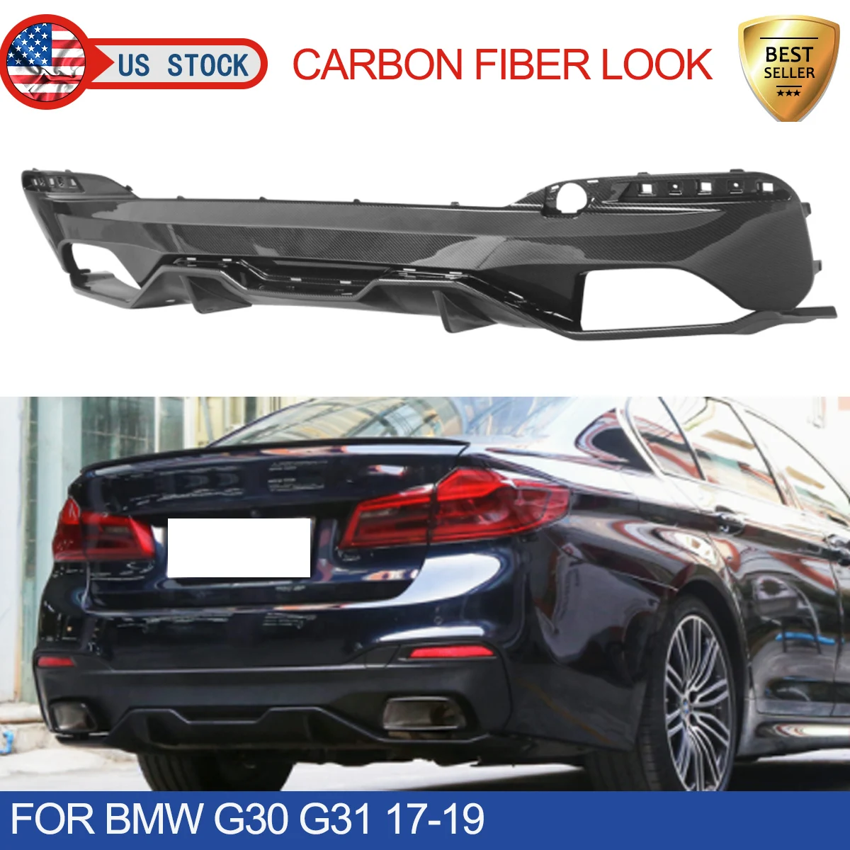 Diffuser Lip Fit For BMW G30 20i 530i 540i Carbon Like Rear Bumper M Sport 2017-2021 Rear Bumper Lip Diffuser Spoiler