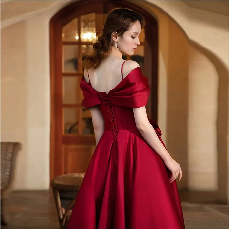 Vinho vermelho cetim espaguete correias vestidos de noite para mulher fora do ombro ruched v-neck cintura magro sem costas vestidos de casamento