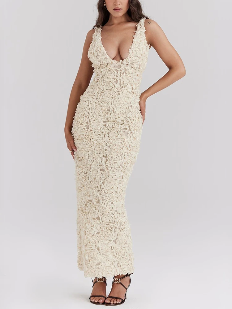 Robe de soirée élégante pour femmes, col en v profond, Verstidos, avec des Appliques de fleurs 3D, Slim, longue, française, Sexy, fente latérale, Maxi, moulante