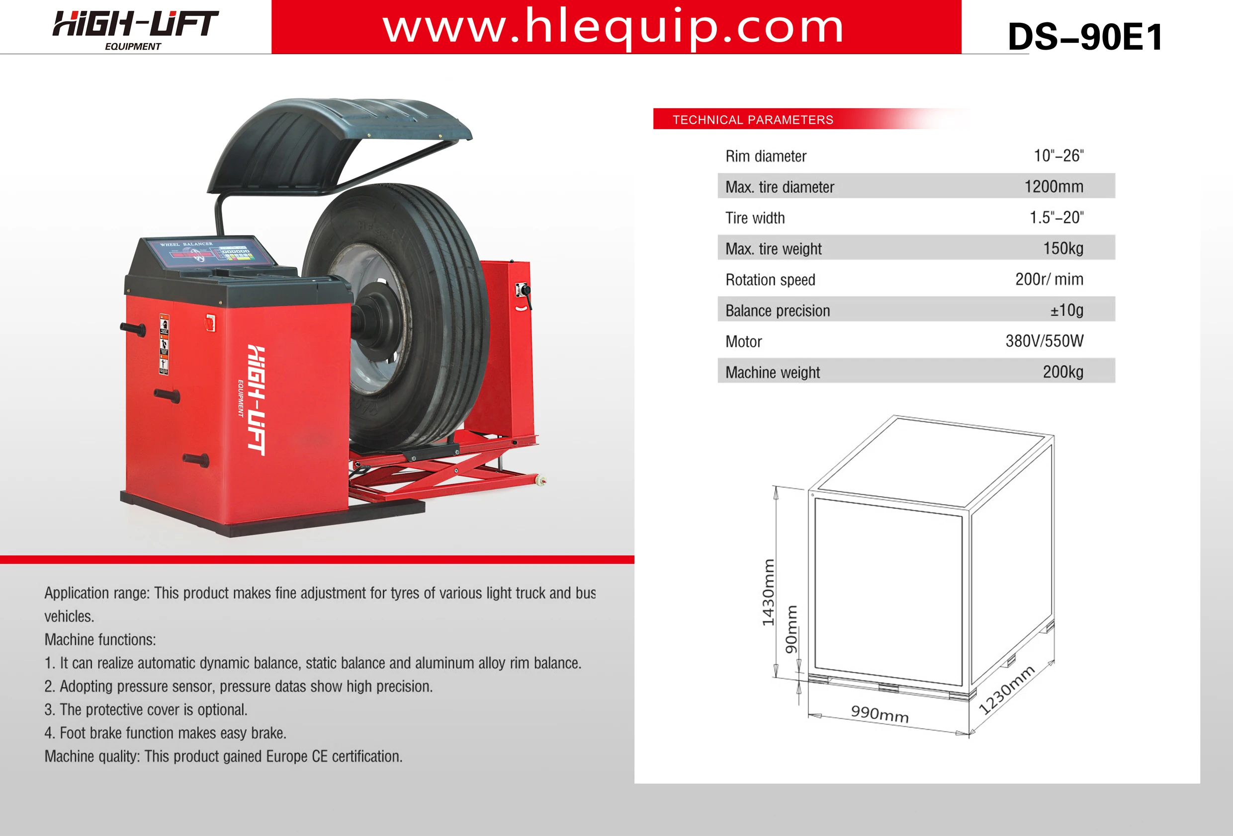 HIGH LIFT Wheel Balancer & Tire Balancing Machine DS-90E With 200r/min Speed And 70kg Capacity