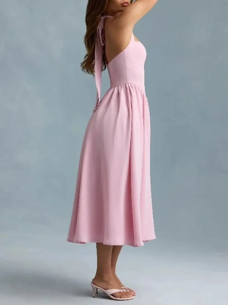 فستان TWOTWINSTYLE أبيض فرنسي أنيق هالتر للنساء برقبة على شكل قلب بدون أكمام وخصر عالٍ فساتين صيفية متوسطة الطول للسيدات #2