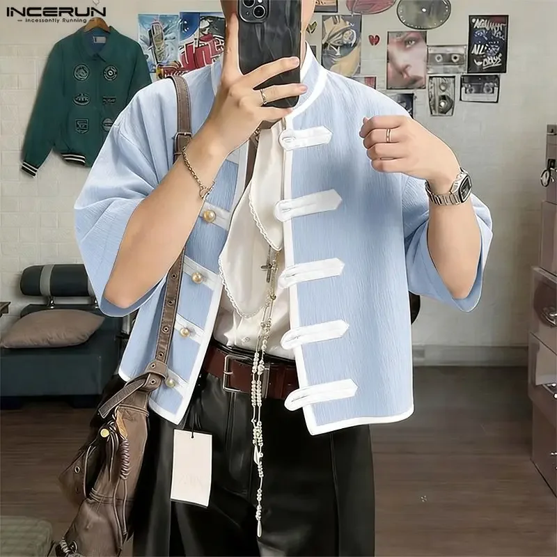 

INCERUN Men's Shirt Patchwork Color-block Stand Collar Vintage Men Clothes Tops Summer Half Sleeve 2026 Casual Shirts For Man