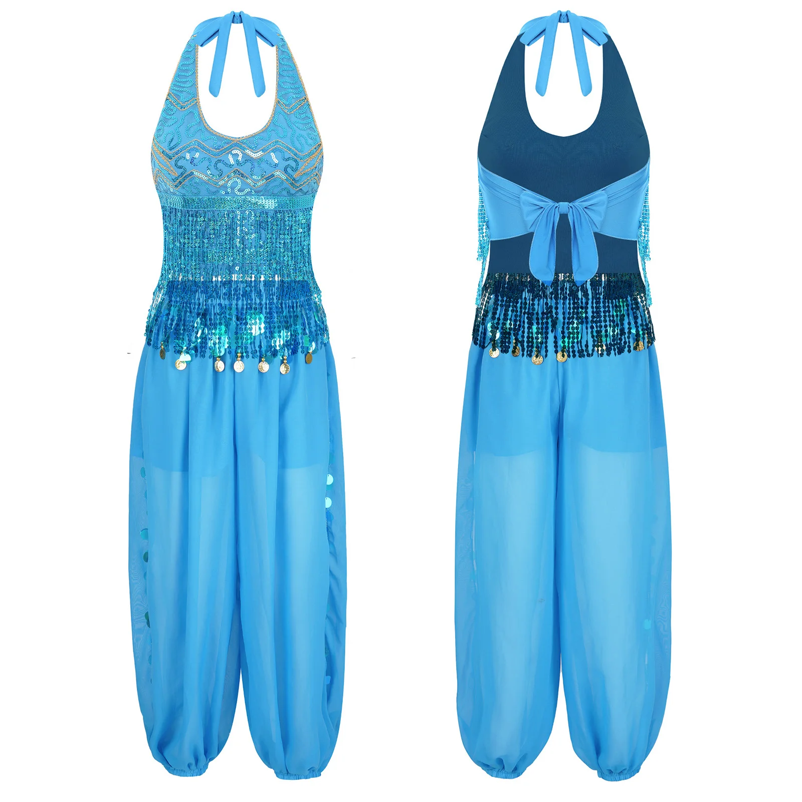 

Shiny Women Belly Dance Outfit Lace-up Halter Sequin Tassel Crop Top and Harem Pants Bloomers Set for Belly Training Performance