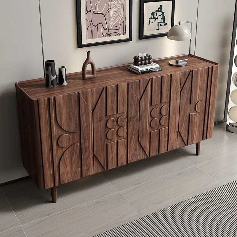 Medieval entrance cabinet walnut color carved dining side cabinet retro geometric living room storage cabinet solid wood wall