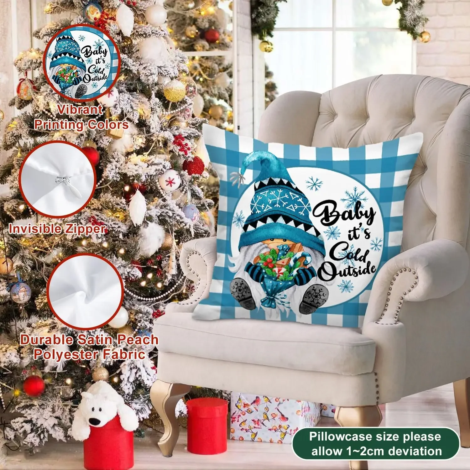 Lindo juego de 4 fundas de almohada navideñas, funda de cojín decorativa de muñeco de nieve de Gnomo para vacaciones, para